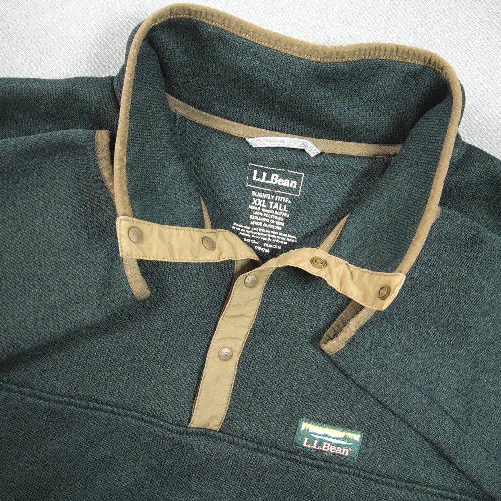LL Bean Sweater Fleece Snap Mock Neck Men Pullover XXL Tall Green Sweater Cabin